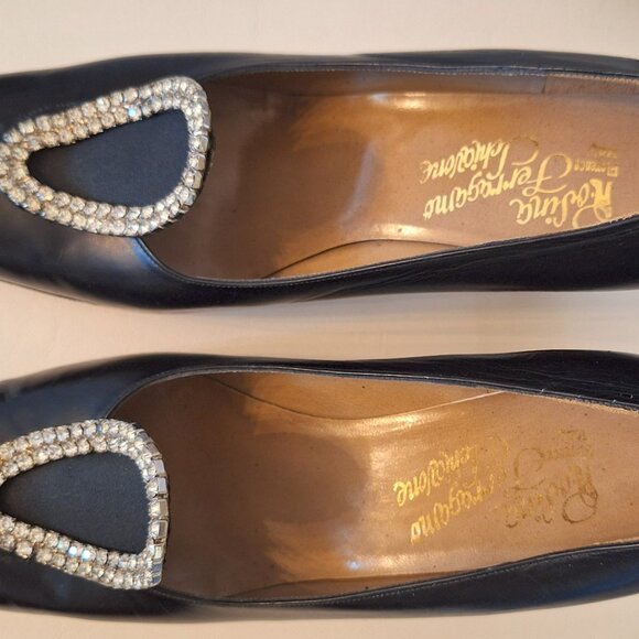 Vintage Ferragamo Black Leather Pumps Heels with Vintage Rhinestone Toe Clips - Picture 8 of 11